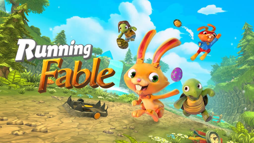 En Running Fable videospilskærm med tegneseriefigurer.