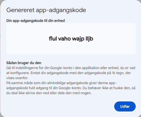 En skærm med teksten 'generer app adgangskode'.