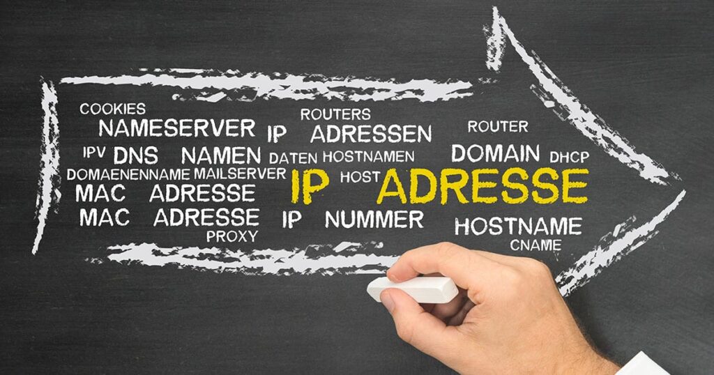 En hånd, der tegner ordet ip-adresse og værtsnavn på en tavle.