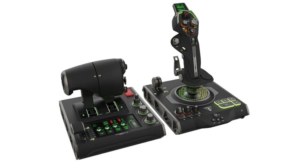 Turtle Beach VelocityOne Flightdeck, et par flycontrollere, er fremvist på en sprød hvid baggrund.