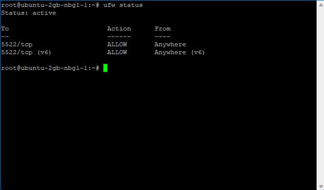 Firewall-status aktiv, tillader indgående tcp-trafik på port 5522 fra enhver kilde.