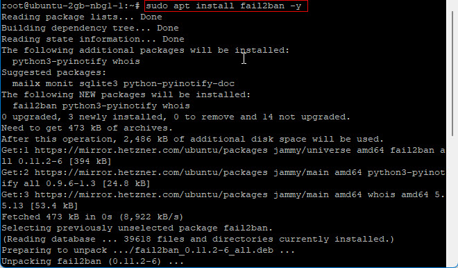Terminalvindue, der viser installationsprocessen af version 2 af Fail2ban-softwaren på et linux-baseret operativsystem, der bruger apt-pakkehåndteringen med sudo-rettigheder.