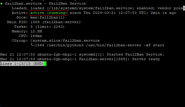 Skærmbillede af en computerterminal, der viser status for Fail2ban version 2-tjenesten, hvilket indikerer, at den er aktiv og kører af sikkerhedsmæssige årsager.