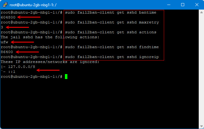 Terminalvindue, der viser kommandolinje-interaktioner med Fail2ban-tjenesten på et Ubuntu-system.