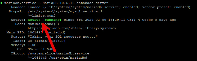 Et skærmbillede af en computer med en rød pil, der peger på MariaDB.