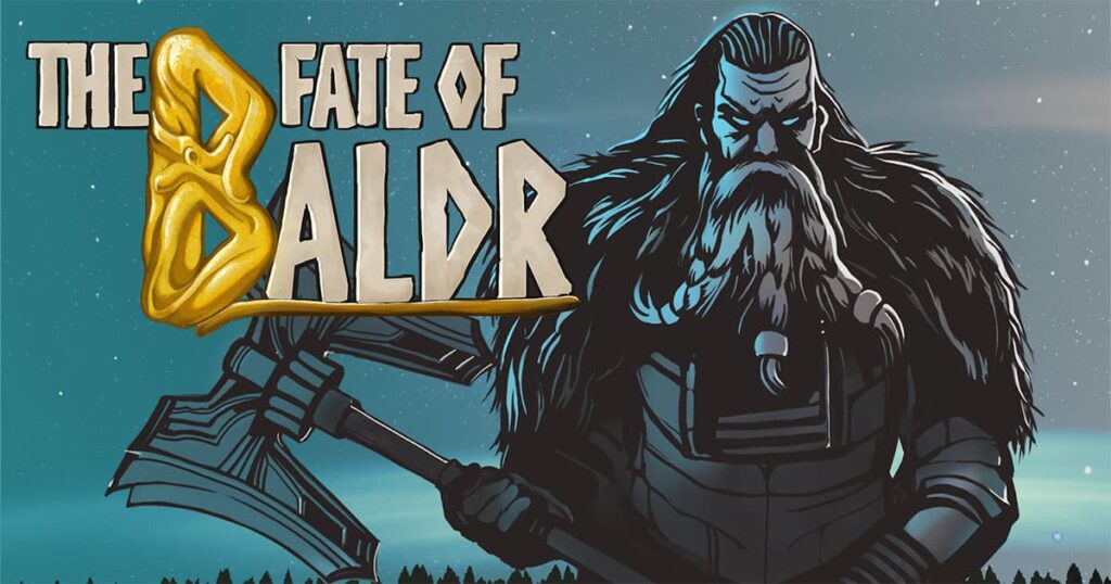 Illustration af en nordisk kriger med titlen "Baldrs skæbne," udvikler fremvisning.