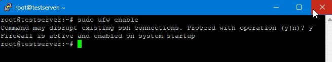 Kommandolinjegrænseflade på en computerskærm, der viser den vellykkede aktivering af en firewall, angivet ved tekstsvar på brugerkommandoer.