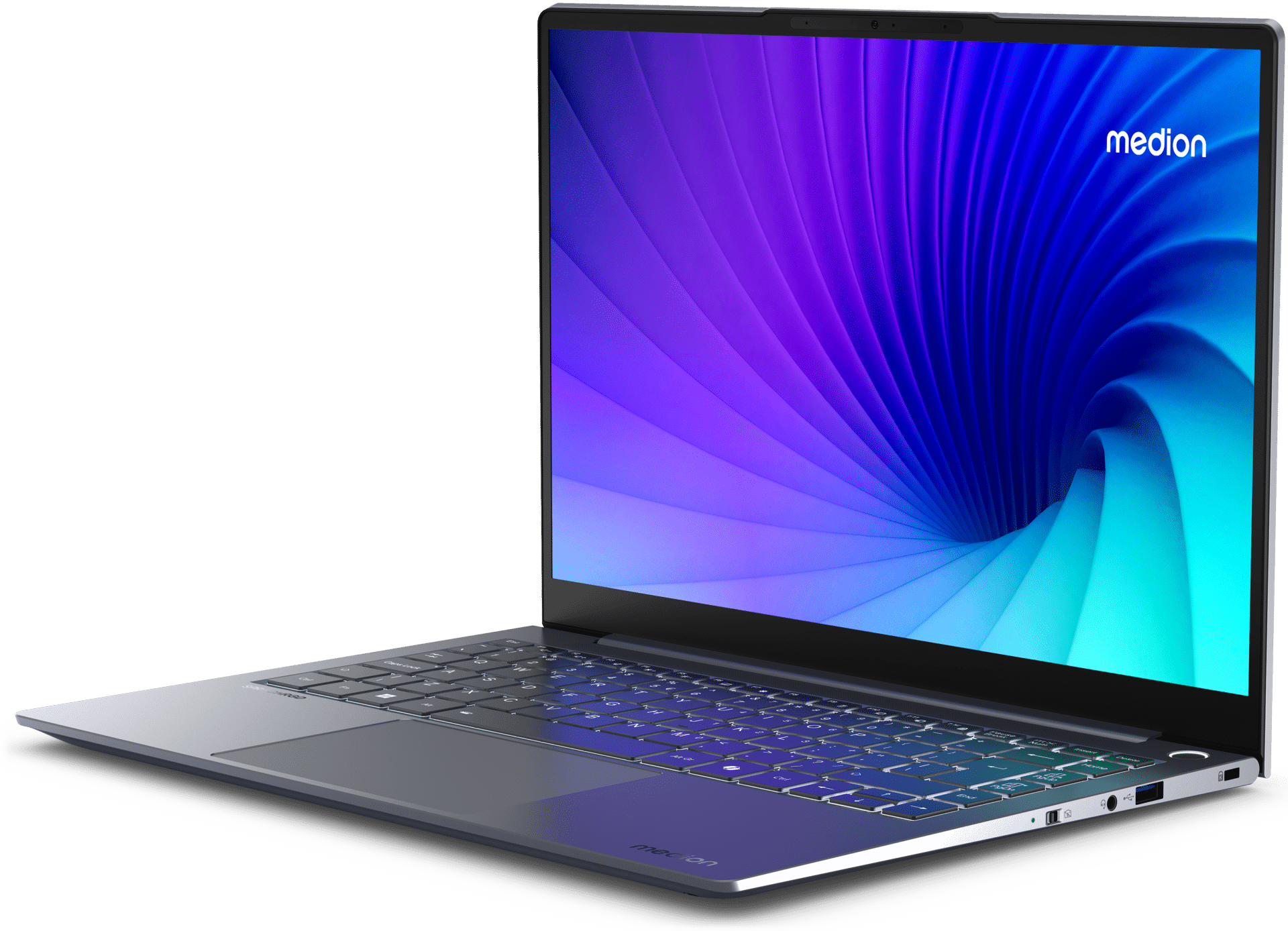En slank sølvfarvet bærbar, SPRCHRGD 14, har et blåt skærmdesign med gradient og et oplyst tastatur, der stolt viser Medion-logoet i øverste højre hjørne af skærmen.