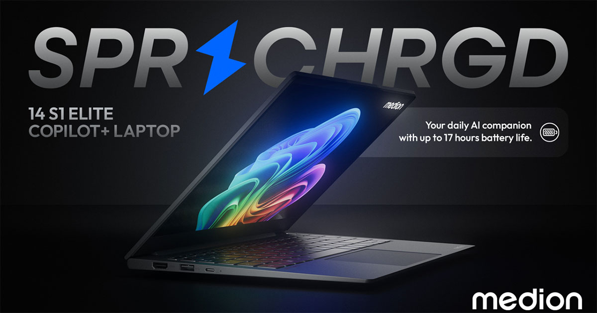 En MEDION bærbar computer med en oplyst skærm, der viser farverig grafik. Teksten promoverer "14 S1 Elite Copilot+ Laptop" med op til 17 timers batterilevetid, hvilket viser dens SPRCHRGD ydeevne og effektivitet.