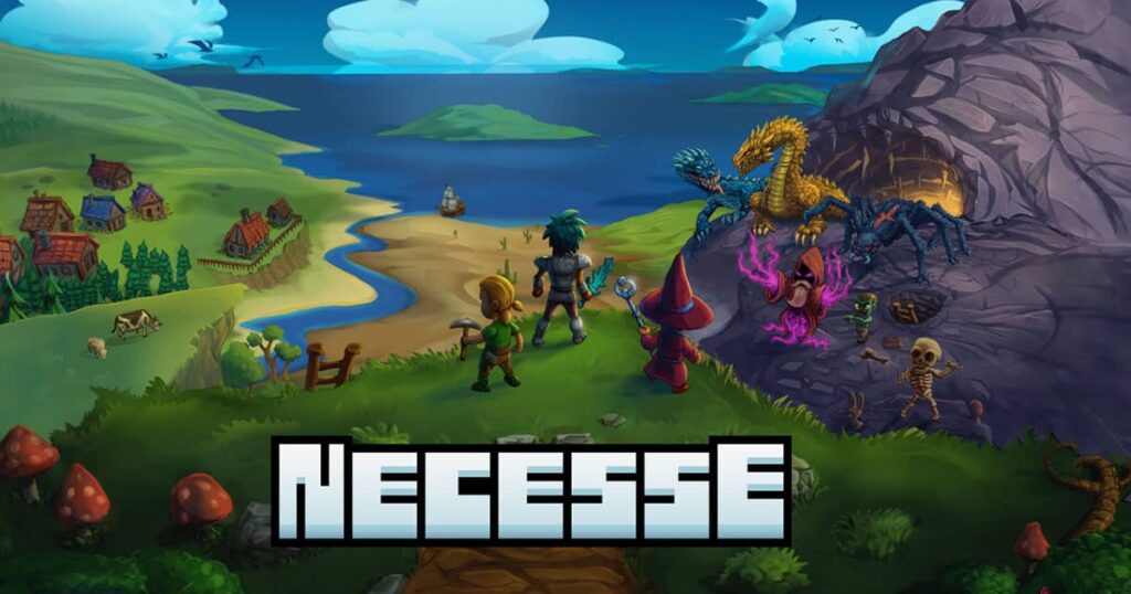 En gruppe eventyrere konfronterer forskellige monstre nær en hule ved havet, deres træk næsten Automatisk. En landsby og bjerge er synlige i baggrunden. Ordet "Necesse" er tydeligt vist i bunden.
