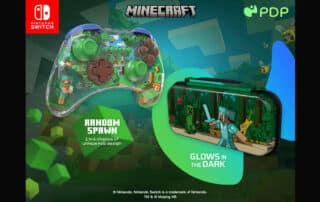 Billede, der viser et Minecraft Nintendo Switch-tilbehørssæt. Komponenterne inkluderer en grøn controller med et "Random Spawn"-design og et cover med et billede af en Minecraft-karakter, der lyser i mørket, perfekt til enhver fan af det ikoniske spil.