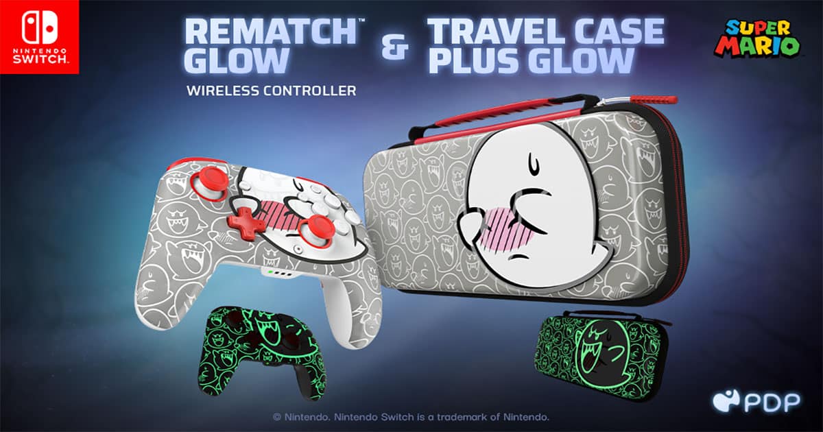 En Nintendo Switch REMATCH GLOW trådløs controller og rejsetaske Plus Glow med et Super Mario-tema design.