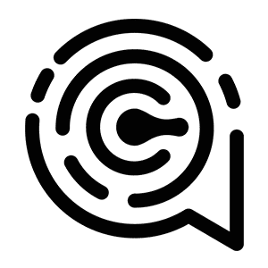 Sort spiralmønster med en central prik, omgivet af buede linjer og varierende mellemrum, på hvid baggrund.