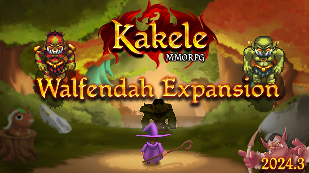 Salgsfremmende billede for "Kakele MMORPG: Walfendah Expansion" med fantasy-karakterer, inklusive de formidable Orcs of Walfendah, sat på baggrund af en frodig skov. Udgivelsesdato: 2024/3.