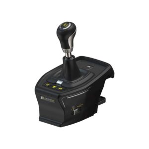 Vi præsenterer VelocityOne racersimulator gearskifteren, med en elegant sort base prydet med knapper og kronet af en slående metallisk gearknop.