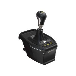 VelocityOne sorte gaming gearskifter, med en slank kromknop, er monteret på en rektangulær base prydet med knapper og branding, hvilket gør den til et ideelt valg til køresimulatorer.