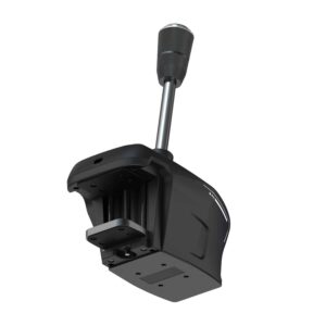 VelocityOne sorte joystick har et metallisk greb og en monteringsbase, vist nedefra mod en hvid baggrund.