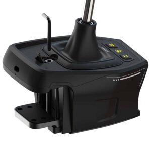 Nærbillede af et VelocityOne sort joystick kontrolpanel med knapper og et monteringsbeslag.