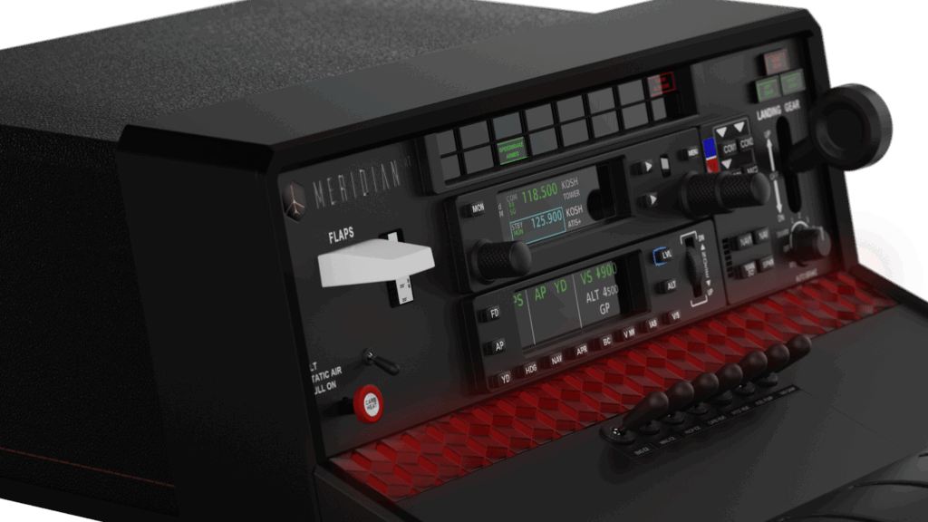 Nærbillede af et flysimulatorkontrolpanel med forskellige kontakter, urskiver og digitale displays, inklusive en "FLAPS"-knap og røde lysindikatorer. Det slanke design ligner det innovative layout af en Tango Plus-grænseflade.