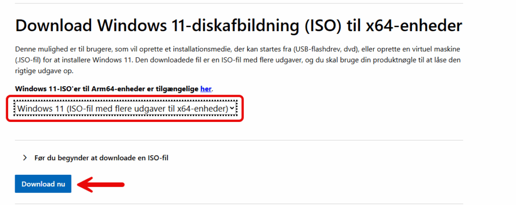 Skærmbillede af en Windows 11 ISO-downloadside på dansk med en blå "Download nu"-knap tydeligt fremhævet af en rød pil, der leder dig til nemt at få dit Windows 11-operativsystem.