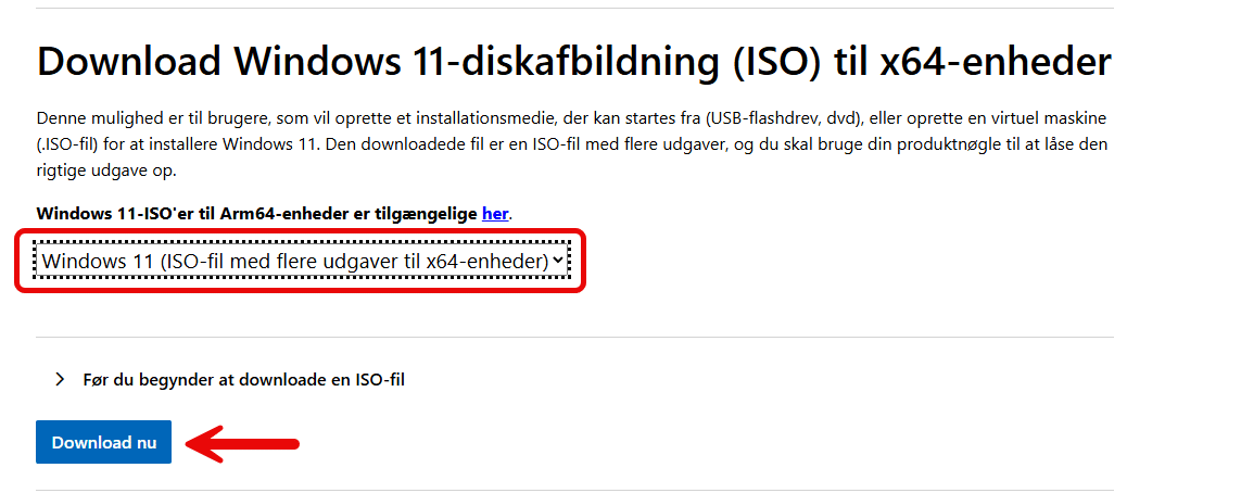 Skærmbillede af en Windows 11 ISO-downloadside på dansk med en blå “Download nu”-knap tydeligt fremhævet af en rød pil, der leder dig til nemt at få dit Windows 11-operativsystem. Skærmbillede af en Windows 11 ISO-downloadside på dansk med en blå "Download nu"-knap tydeligt fremhævet af en rød pil, der leder dig til nemt at få dit Windows 11-operativsystem.