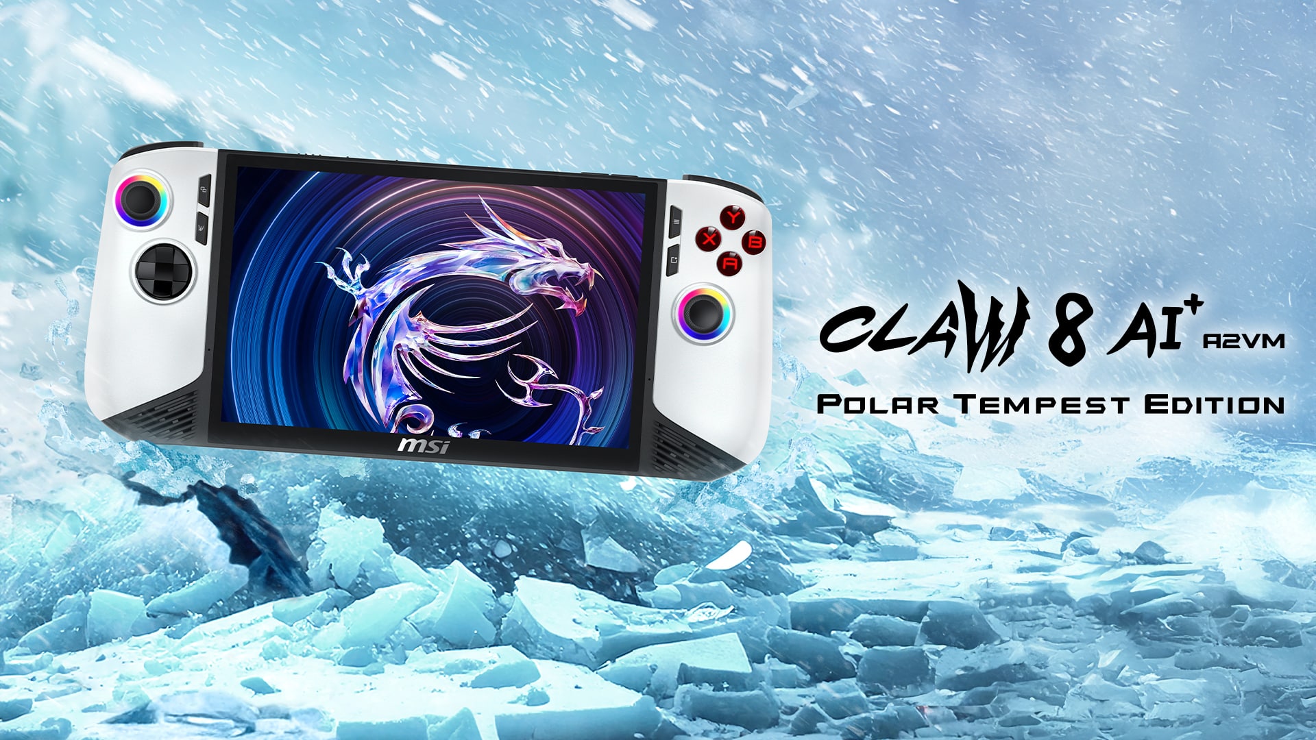En håndholdt spillekonsol, MSI Claw 8 AI+ Polar Tempest Edition, vises mod en iskold, revnet landskabsbaggrund med hvirvlende dragemønstre på skærmen. En håndholdt spillekonsol, MSI Claw 8 AI+ Polar Tempest Edition, vises mod en iskold, revnet landskabsbaggrund med hvirvlende dragemønstre på skærmen.