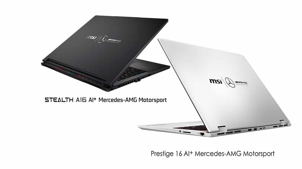 To MSI bærbare computere med elegant design – en sort (Stealth A16 AI+ Mercedes-AMG Motorsport) og en hvid (Prestige 16 AI+ Mercedes-AMG Motorsport) – er vist delvist åbne og kunstfærdigt vinklet.