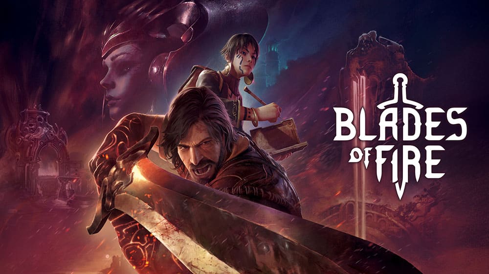 En kriger med et stort sværd, en kvinde med en bog og et skyggefuldt kvindeansigt vises ved siden af den stiliserede titel "Blades of Fire", der indfanger den episke essens af Blades of Fire.