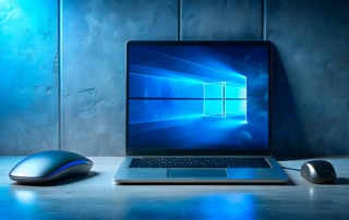 En bærbar computer, der viser Windows 10-loginskærmen, står på et skrivebord ved siden af en trådløs og en kablet mus, oplyst af blåt lys – klar til en opgradering til Windows 11 eller udforskning af Godmode-funktioner.