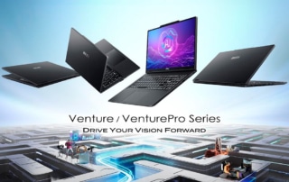 Fire bærbare computere i MSI Venture- og VenturePro-serien vises svævende over en futuristisk printpladebaggrund og indfanger innovationsånden med teksten "Drive Your Vision Forward".