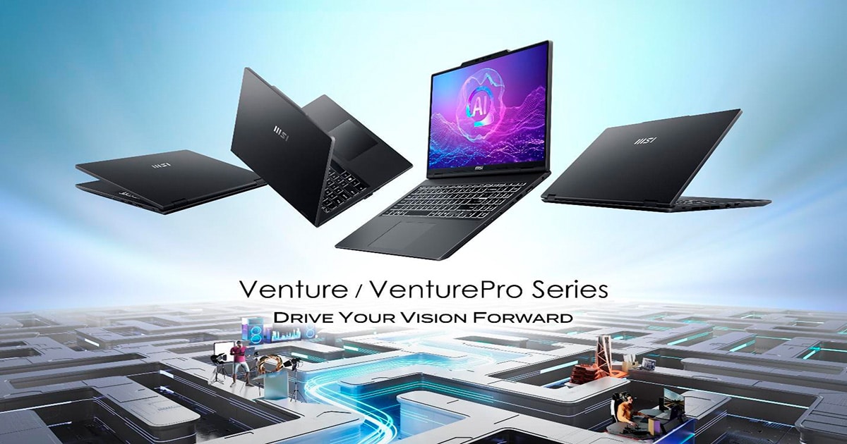 Fire bærbare computere i MSI Venture- og VenturePro-serien vises svævende over en futuristisk printpladebaggrund og indfanger innovationsånden med teksten "Drive Your Vision Forward".