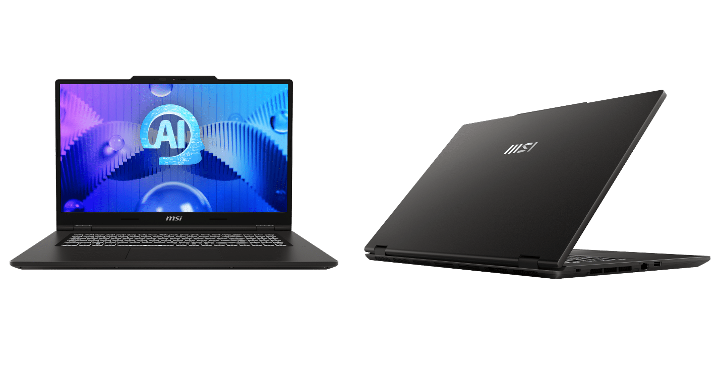 Der vises to sorte MSI VenturePro-laptops: en åben med en AI-grafik på skærmen og en lukket med MSI-logoet på bagsiden. Der vises to sorte MSI VenturePro-laptops: en åben med en AI-grafik på skærmen og en lukket med MSI-logoet på bagsiden.