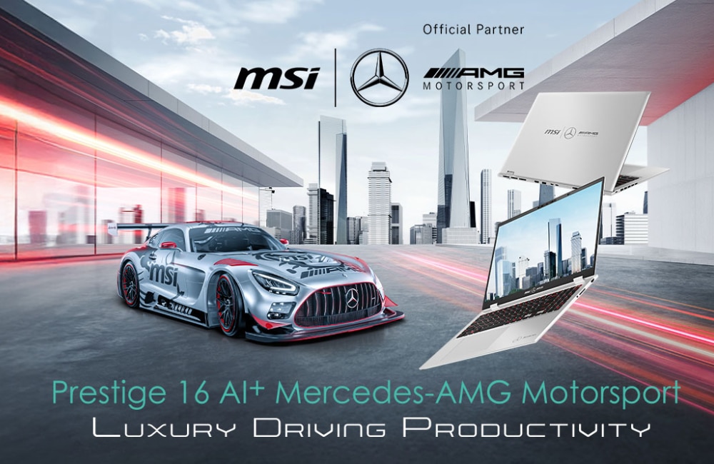 En sølvfarvet Mercedes-AMG-racerbil og to MSI Prestige 16-laptops vises sammen med MSI- og Mercedes-AMG Motorsport-logoer sammen med sloganet "Luxury Driving Productivity".