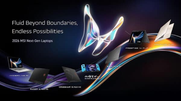 En række MSI 2026 next-gen laptops vises med modelnavne ledsaget af teksten "Fluid Beyond Boundaries, Endless Possibilities", der er udformet til at inspirere til kreativitet - perfekt til Elementor-entusiaster.