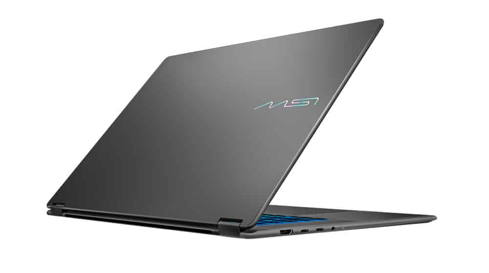 En slank, sort Prestige N16 Flip AI+ laptop er delvist åben, set fra venstre bagside, med et lysende logo på låget og flere porte langs højre kant.