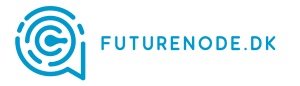 Blåt logo med cirkulært design og tekst med teksten "FUTURENODE.DK" ved siden af.